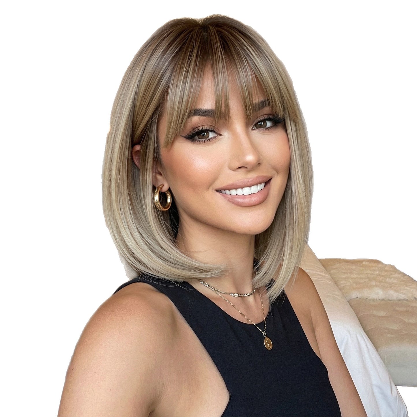 Air Bangs Lock Bone Rose Mesh Cap Playful Wig Short Straight Hair