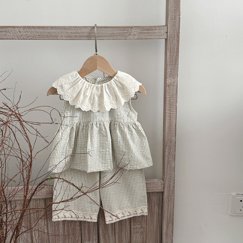 Lace Collar Vertical Striped Top Trousers Female Western Style Sleeveless Children's Suit