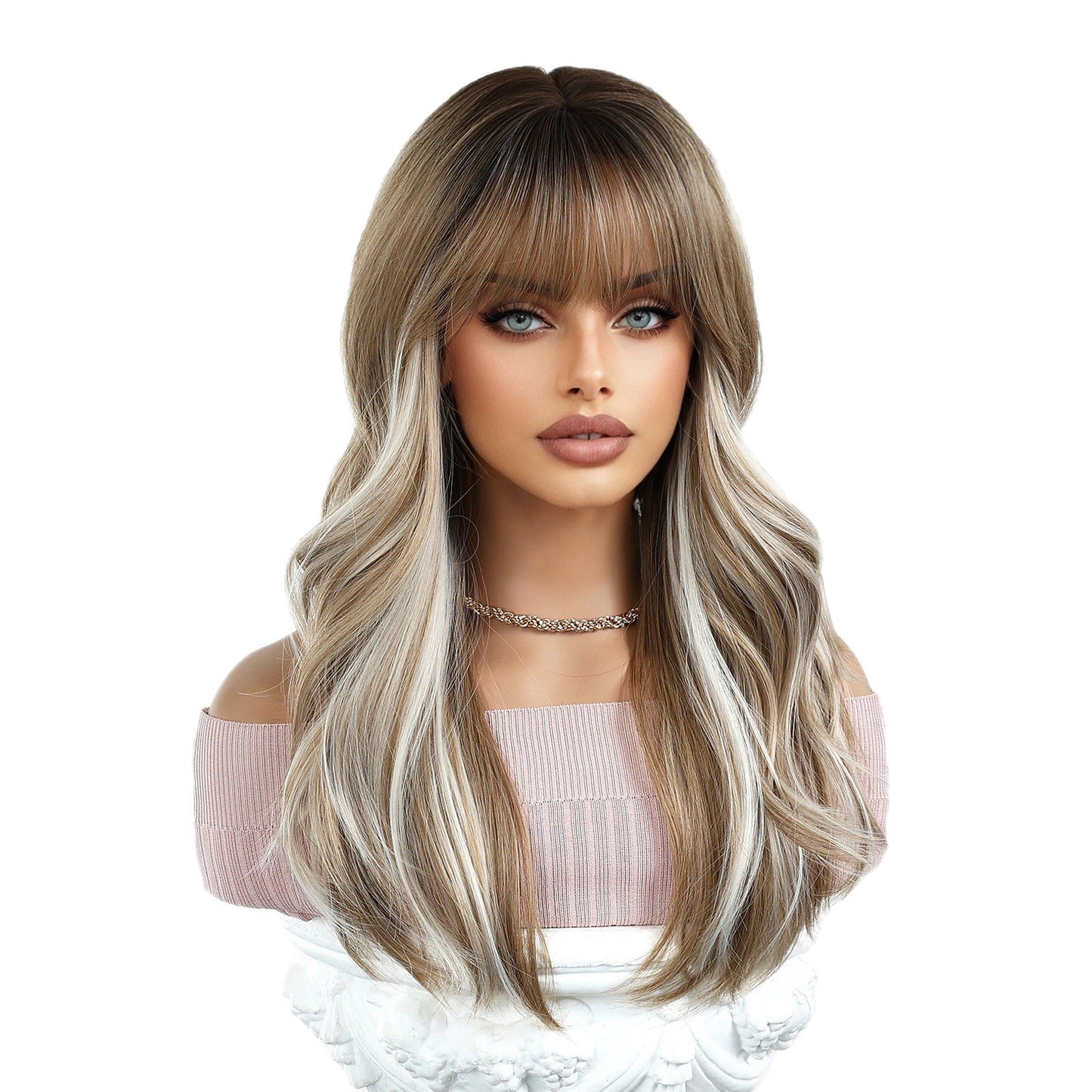 Hair Brown Highlight Fringe Medium Mechanism Synthetic Wigs Wig Long Curls