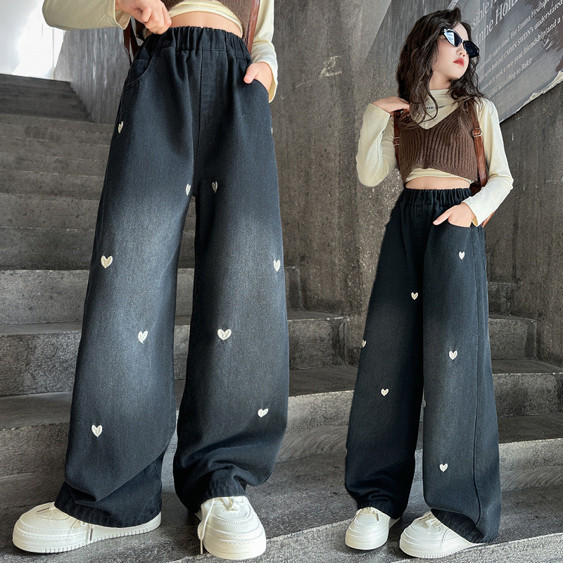 Autumn Western Style Little Love Embroidered Jeans Children's Pants