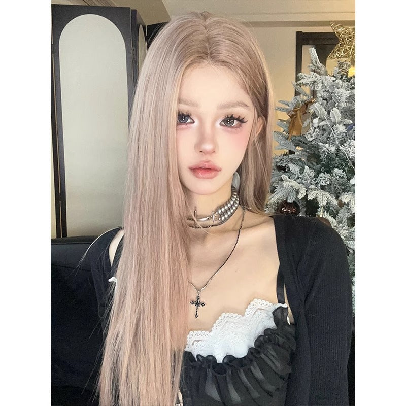 Women's Small Round Midnight Paris Hair Bean Pink Lace Long Straight Wig