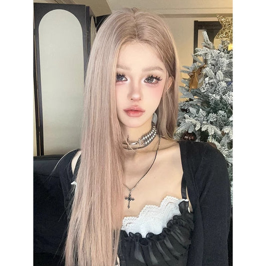 Women's Small Round Midnight Paris Hair Bean Pink Lace Long Straight Wig