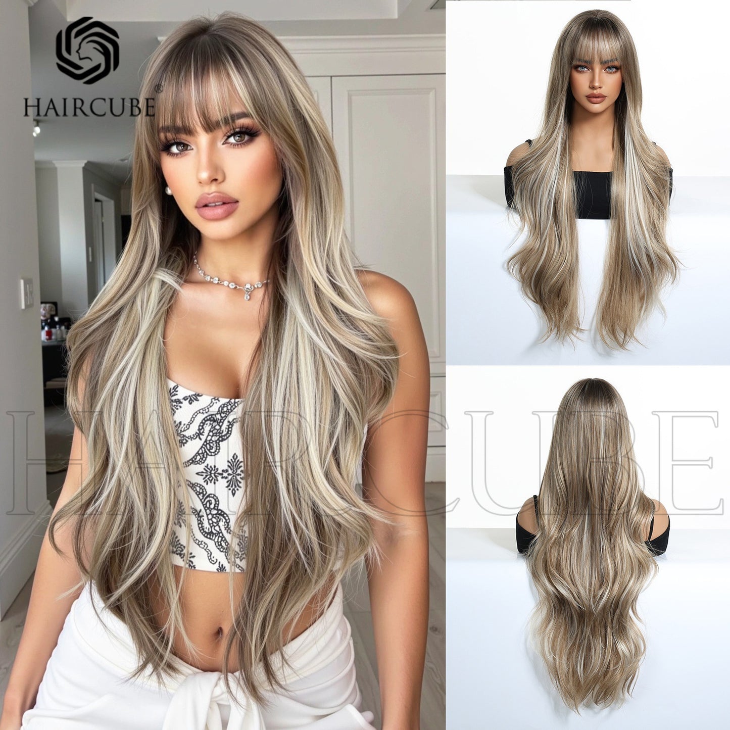 Big Wave Highlight Straight Bangs Curly Wig Long Curls