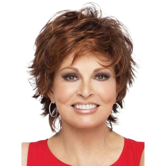 Women's Straight Fluffy Bangs Brown Red Outside One Wig Short Curly Hair