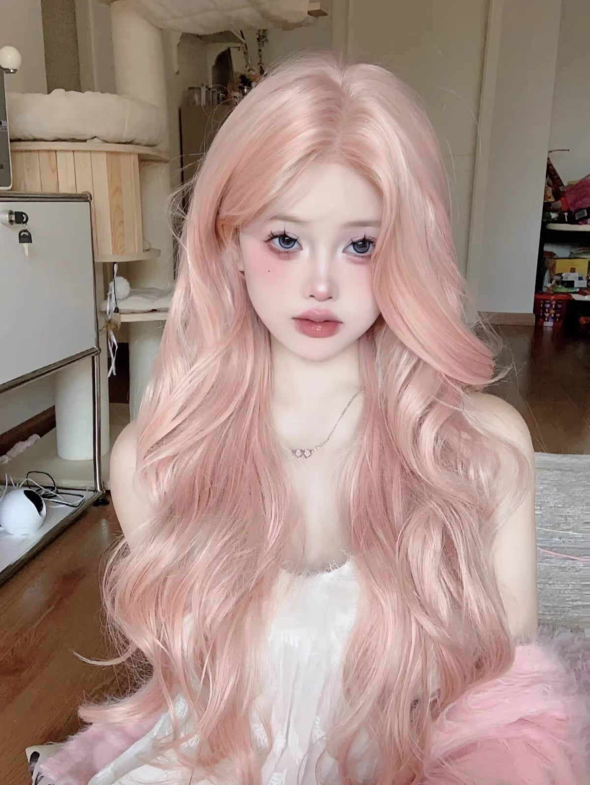 Female Rose Pink Hair Mid-length Bangs Big Wave Wig Long Curls