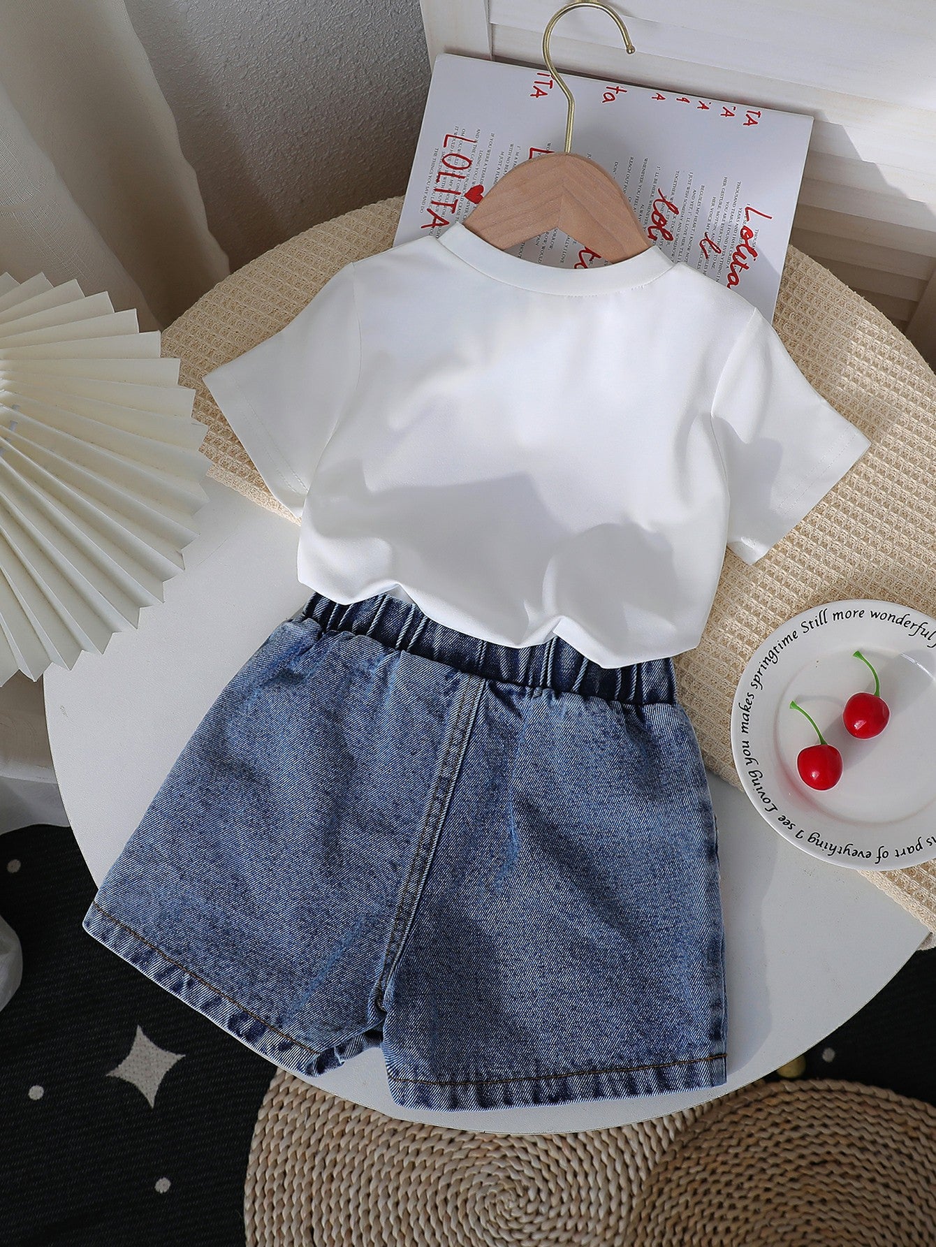 Neck Printed Knitted Top Denim Beaded Embroidered Jeans Children's Suit