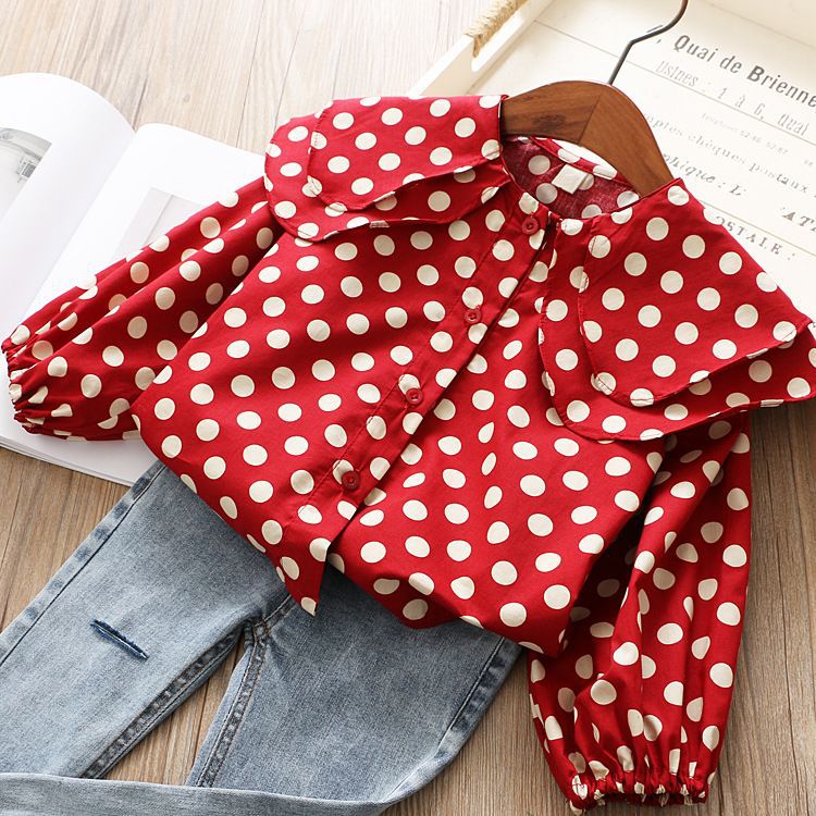 Children's Korean Style Fashionable Polka Dot Large Lapel Long Sleeve Doll Children's Shirt