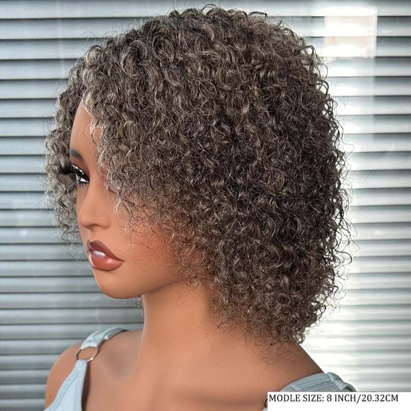 Women's African Gray Partial Front Lace Synthetic Wigs Hand Wrapped Small Wig Short Curly Hair