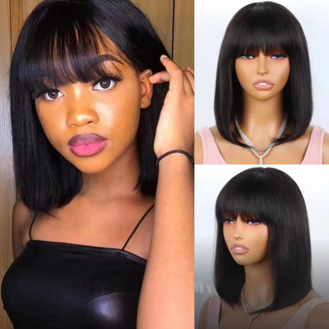Real Human Mechanism Wave Head Cover Wig Short Straight Hair