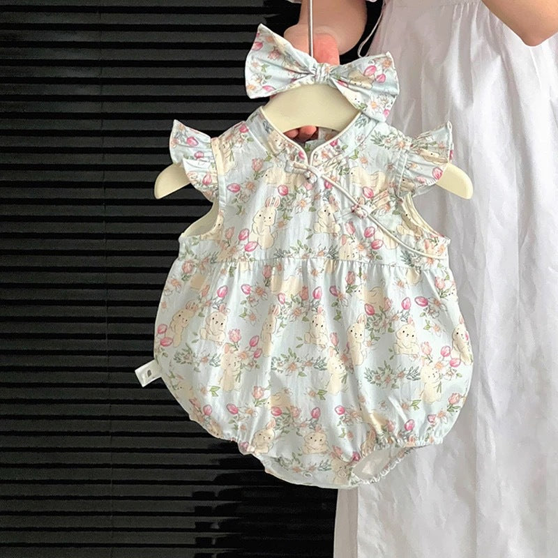 Summer Jumpsuit Western Style Flounced Sleeve Chinese Cheongsam Romper Thin Jumpsuit, Climbing Suit