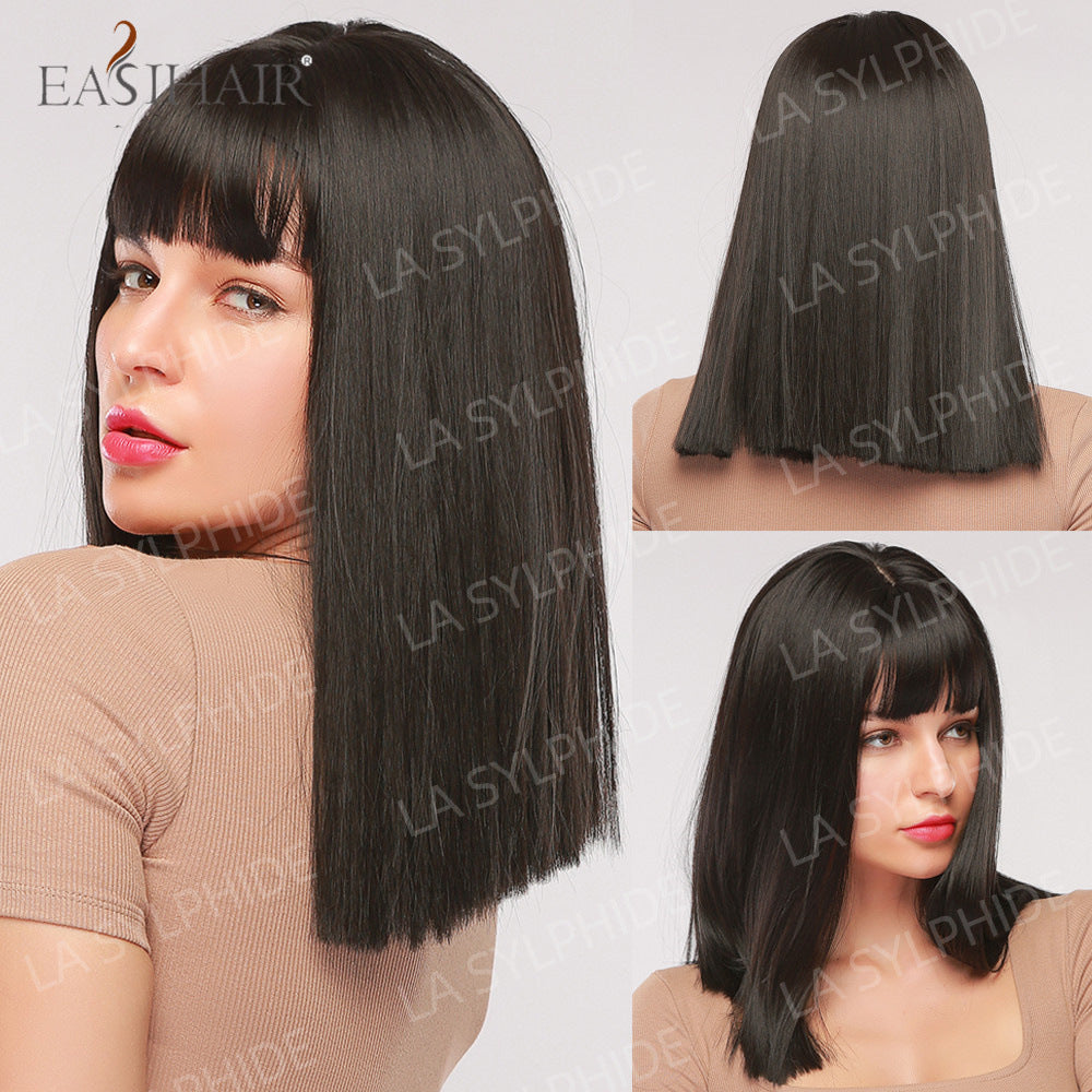 Synthetic Bob With Bang Brown Hair Long Straight Wig
