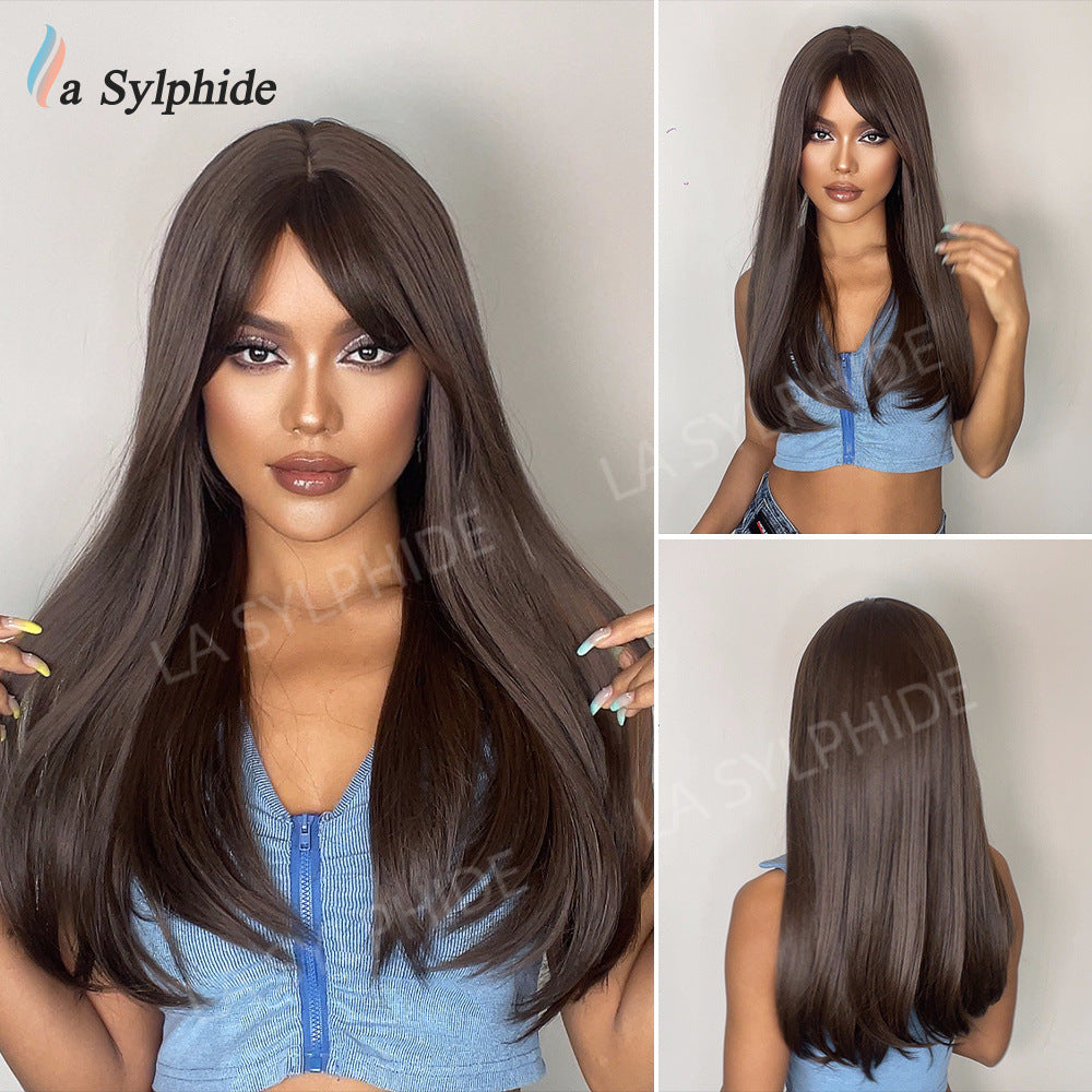Female Brown Hair Hood Chemical Fiber Mechanism Simulation Natural Long Straight Wig
