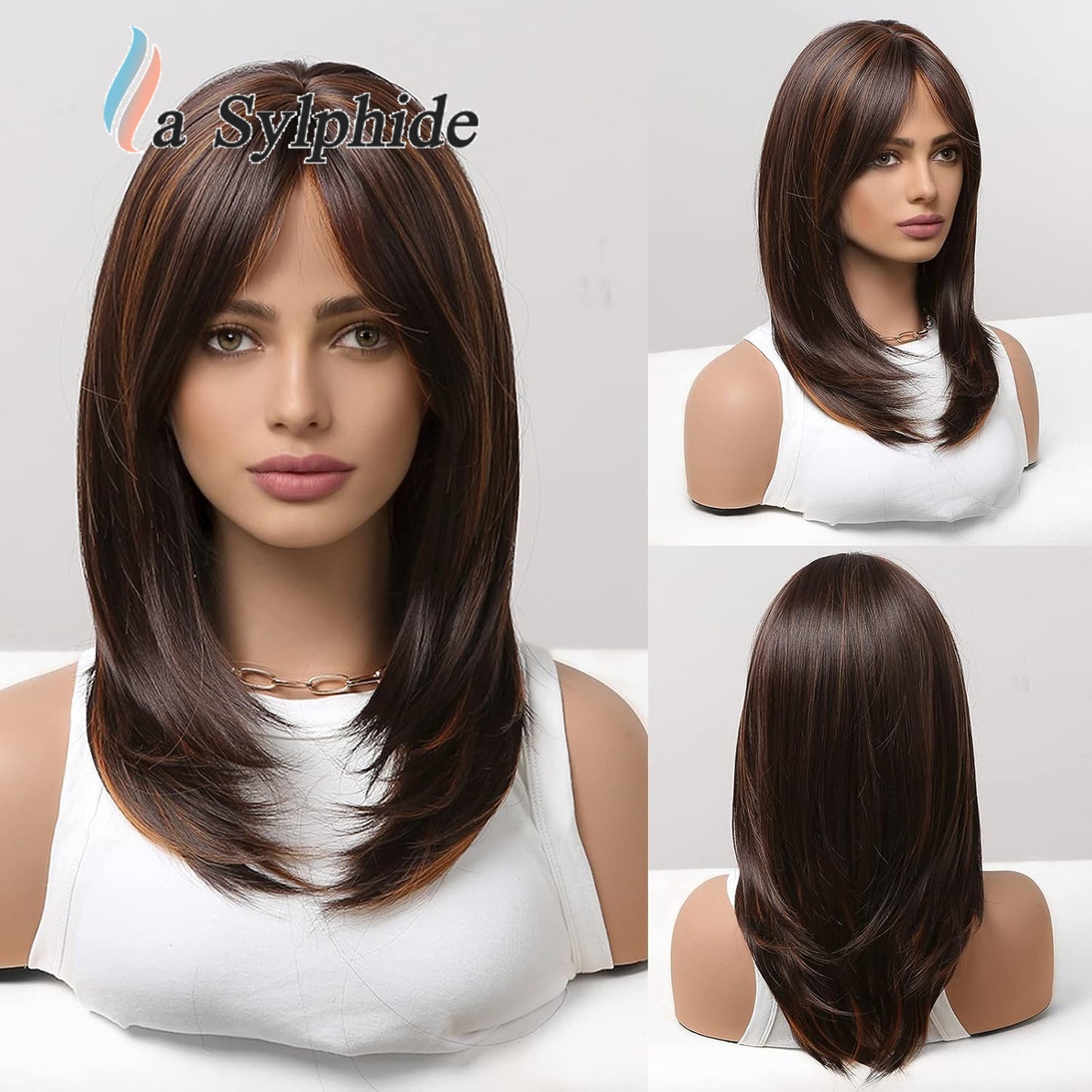 Area Lace Medium Black Brown Straight Hair Fashion Wig Long Curls