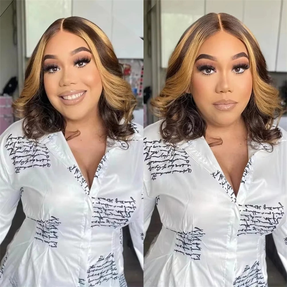 Short Hair Gradient Lace Forehead High Gloss Brown Mixed Golden Other Wig