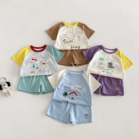 Boys Fashion Print T-shirt Korean Style Shorts Children's Suit