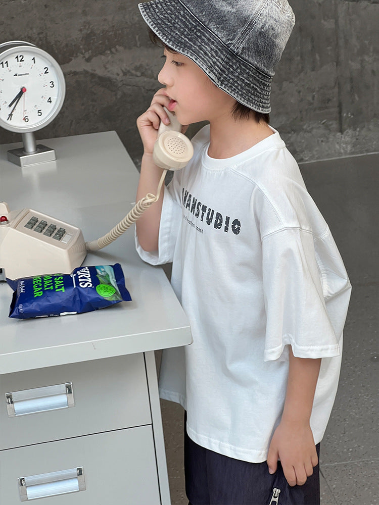 Children's Shirt Letter Print Round Neck Pullover Simple Versatile Casual Loose Children's T-shirt