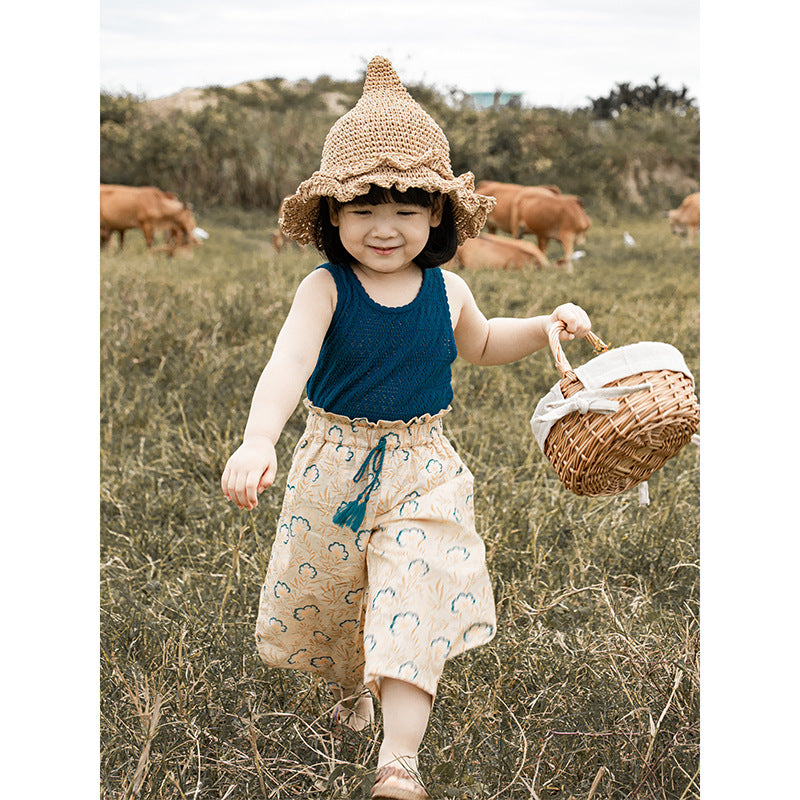 Woven Summer Thin Vintage Floral Ankle Banded Cute Children's Pants