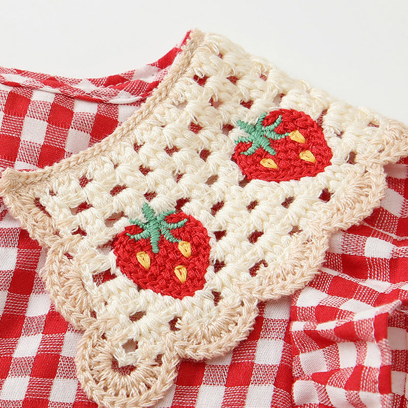 Summer Thin Short Sleeve Rompers Front Open Strawberry Plaid Jumpsuit Jumpsuit, Climbing Suit