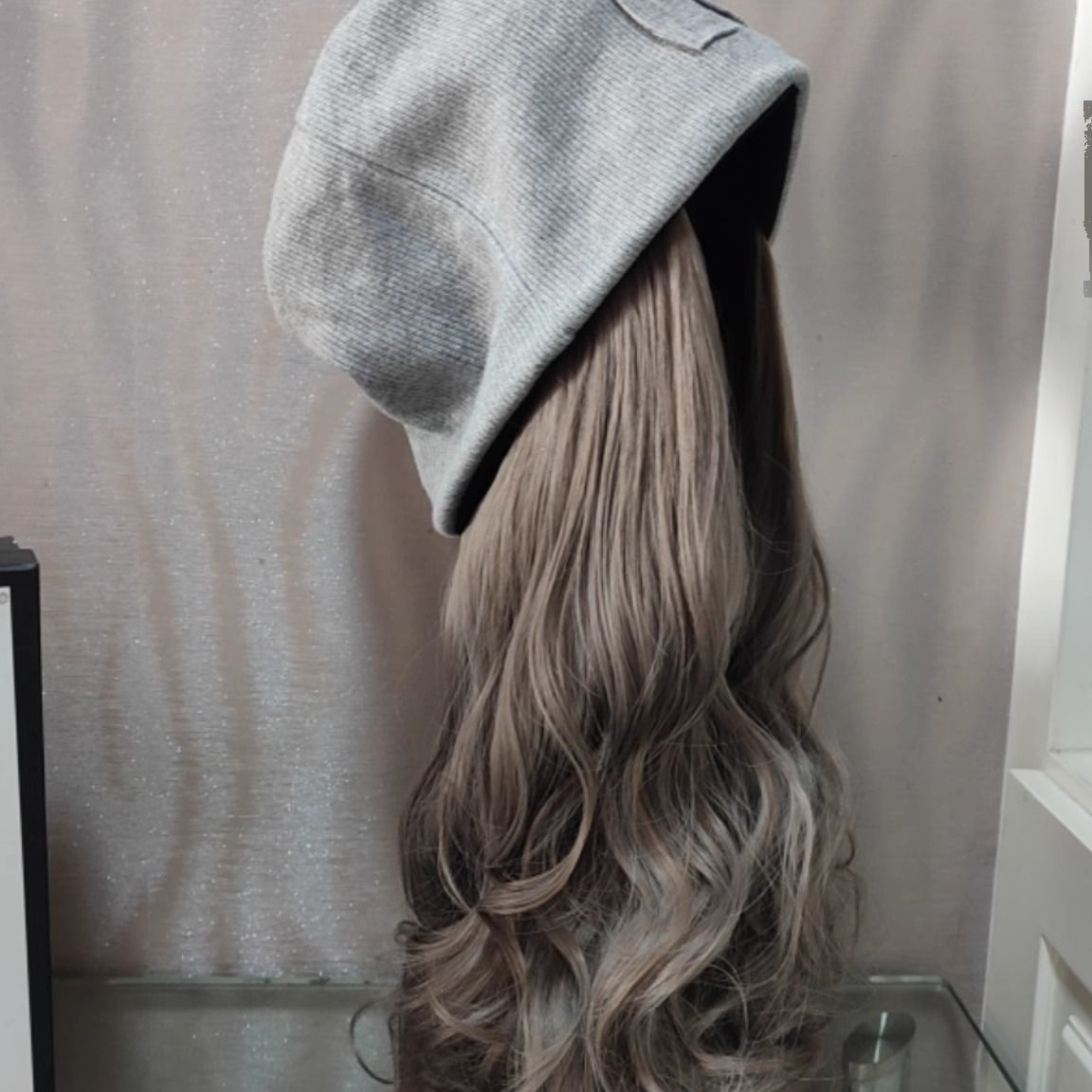 Women's Fashion Tide Gray Pile Heap Cap Street Wig Long Curls