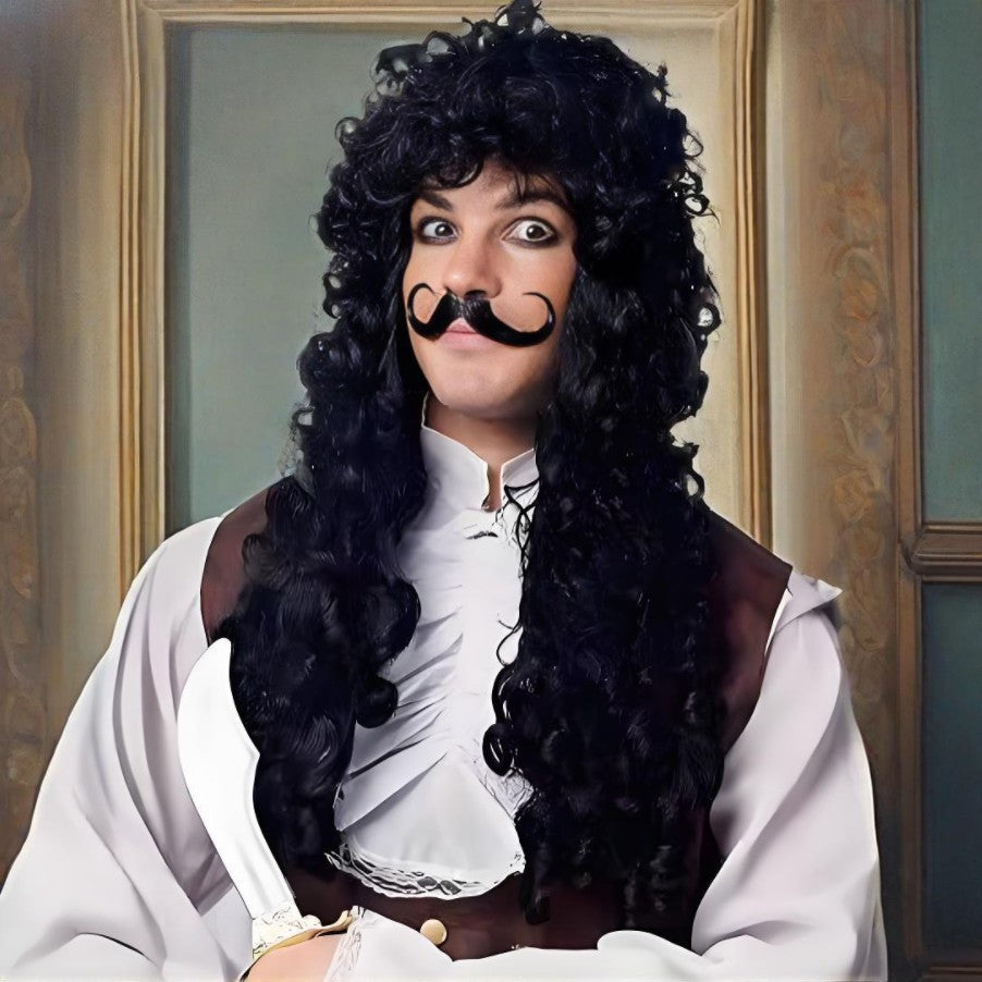 Men's Pirate Ship Captain Long Curly Black Halloween Cos Wig