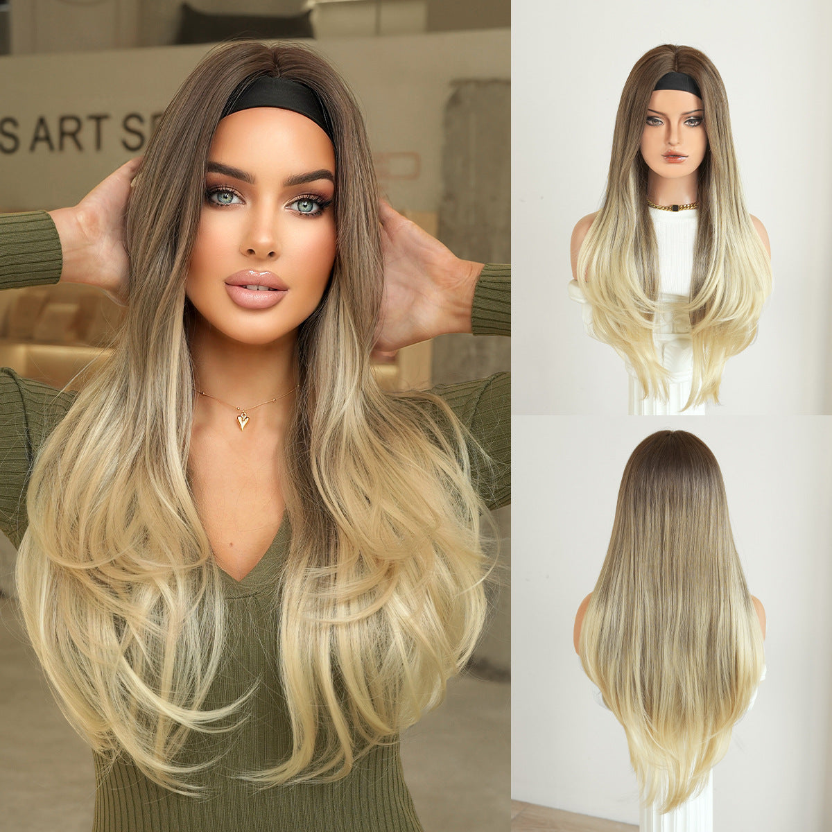 Women's Hot Wind Black Bandana Headband Layered Straight Hair Golden Brown Other Wig