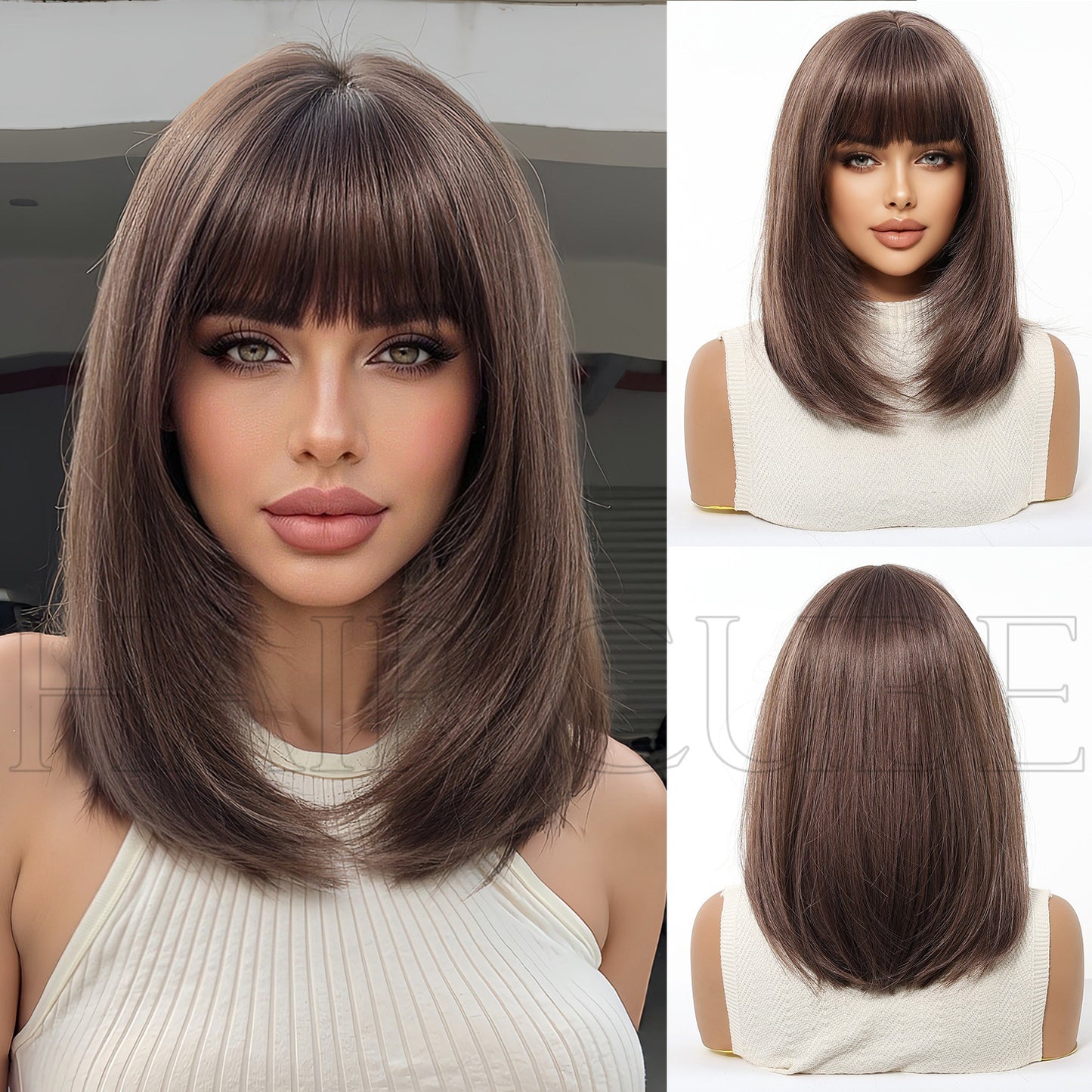 Female Fiber Chemical Hair Bangs Brown Medium Long Straight Wig