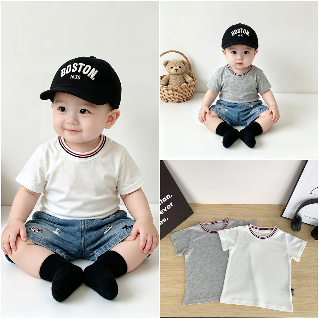 Boys White Yarn-dyed Rib Born Little Short Children's T-shirt