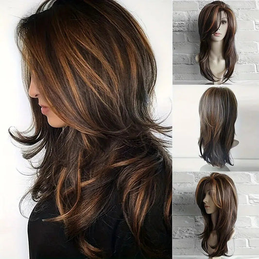 Women's Brown Highlights Gradient Curly Hair Fluffy Pear-shaped Roll Inner Buckle Wig Long Curls