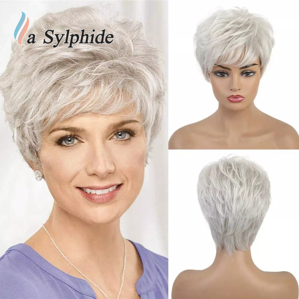 Chemical Fiber Texture Gray White Rose Net Man Wig Short Straight Hair
