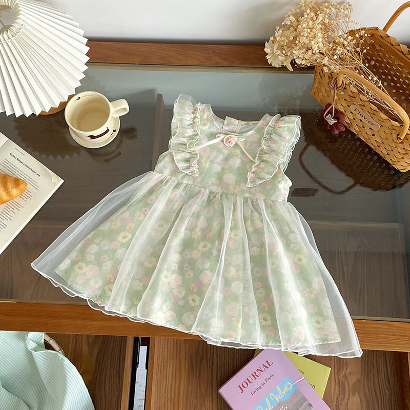 Children's Summer Floral Print With Green Background Children's Dress
