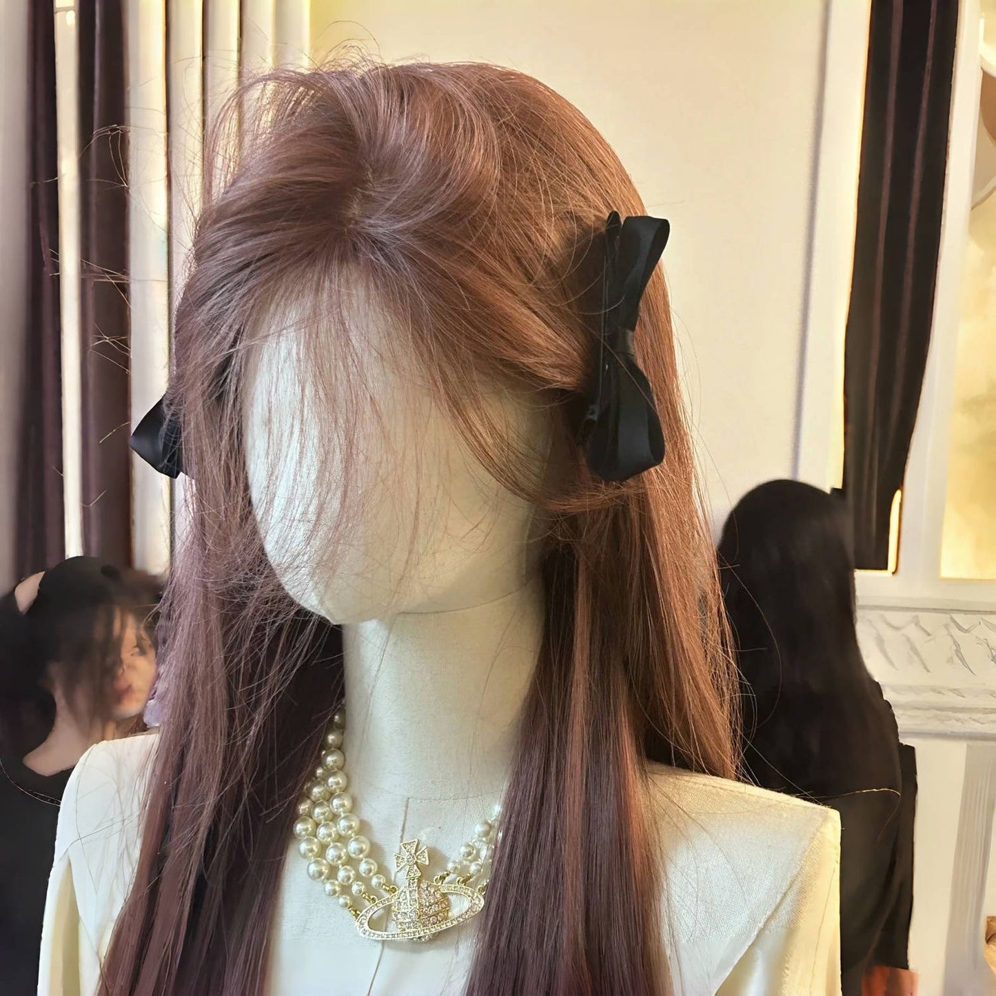 Pink Brown Western Style Bangs Hair White Girlish Small Lace Long Straight Wig