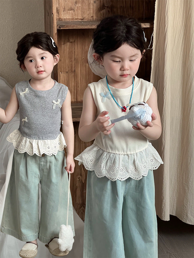 Children's Summer Korean Lace Sleeveless Top Sweet Bow Princess Children's T-shirt