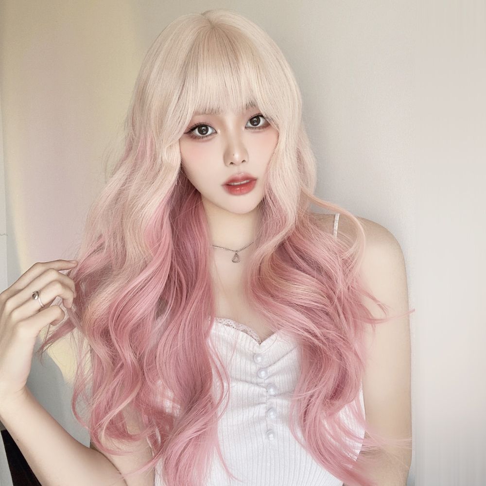 Cherry Pink Platinum Color Gradient Curly Hair Wig Long Curls