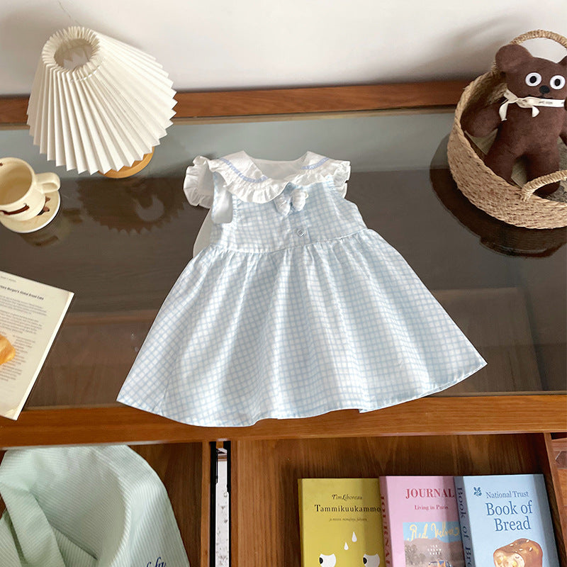 Children's Blue White Plaid Doll Collar Ruffled Children's Dress