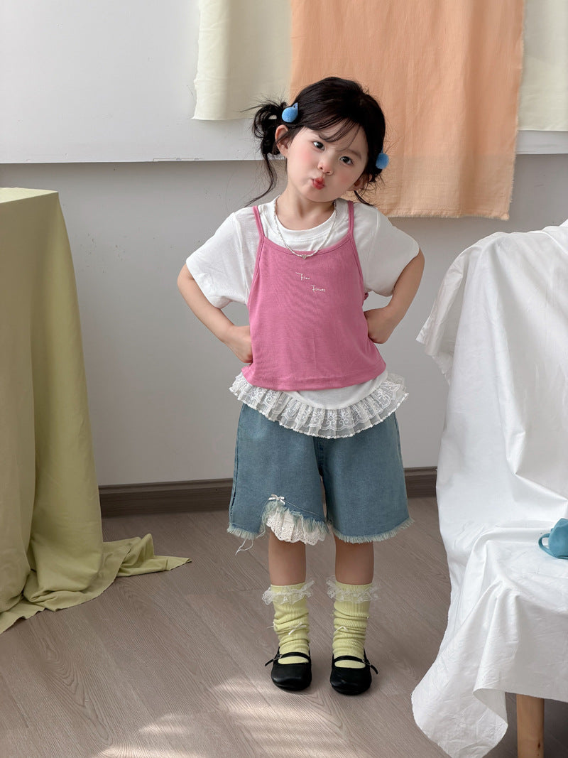 Children's Field Korean Style Tasseled Jeans Summer Lace Worn Fashionable Denim Children's Pants