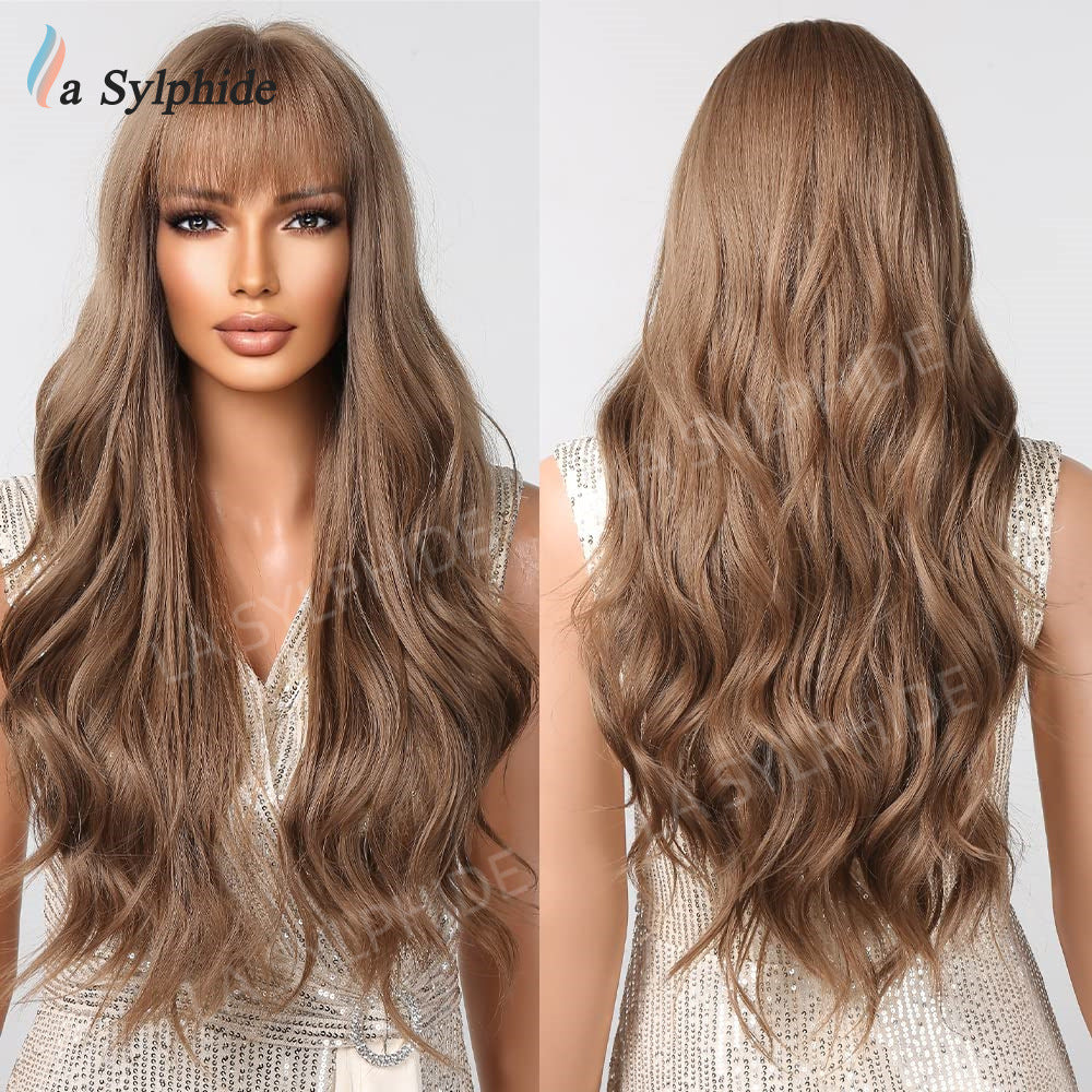 Fringe Curly Hair Highlights Brown Big Wave Wig Long Curls