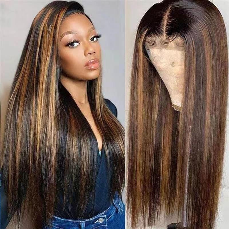 Women's African Fashion Medium Hair Highlights Gradient Color Long Straight Wig