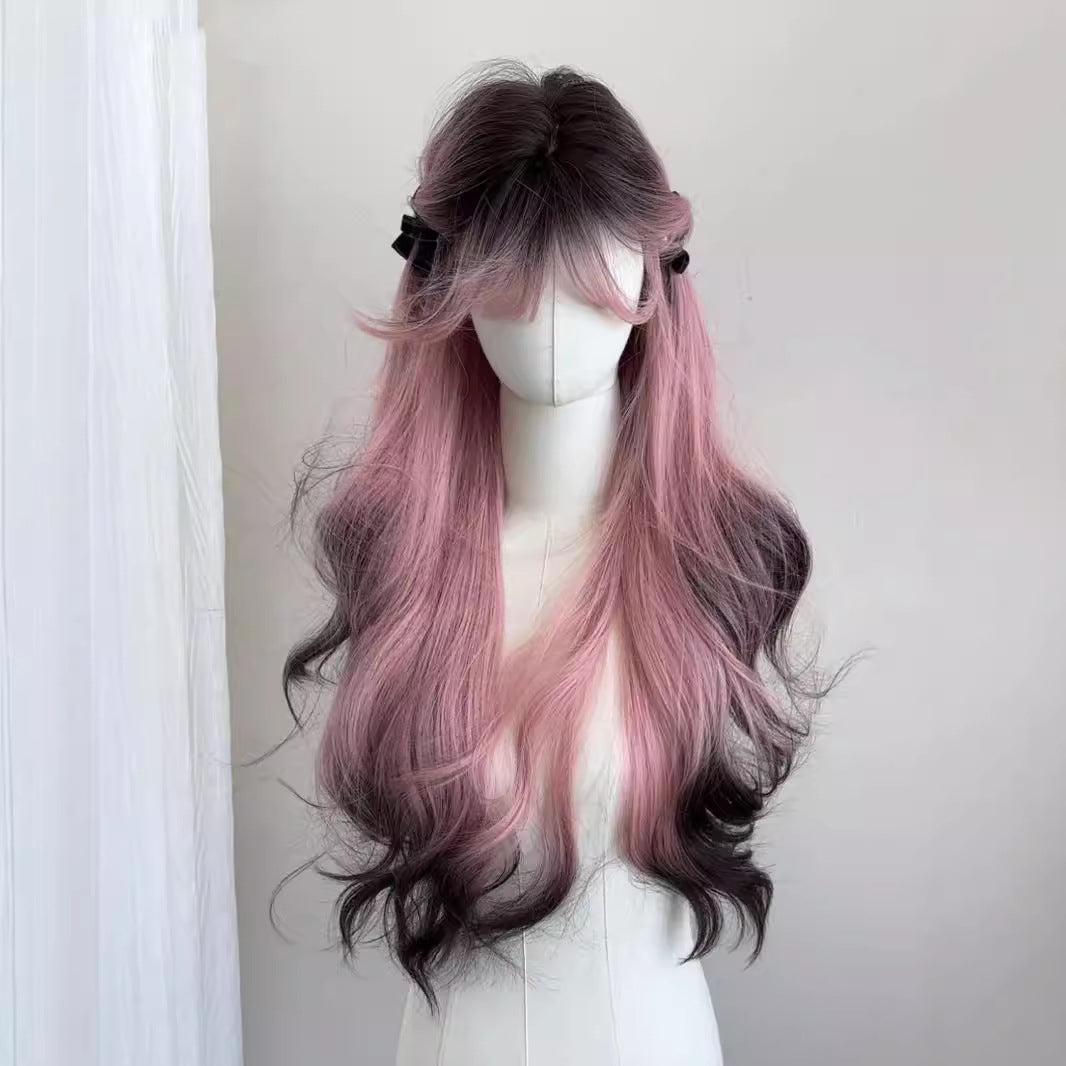 Pink Version Siamese Kitten Female Hair Gradient Black High Layered Wig Long Curls