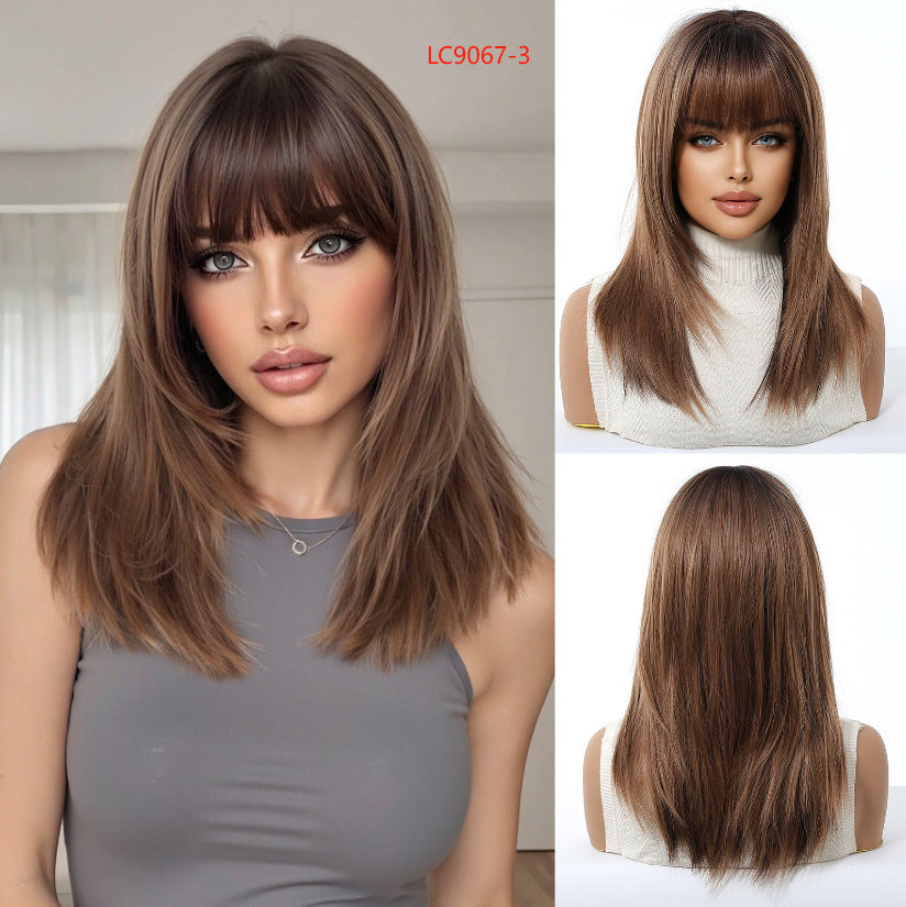 Female Fiber Chemical Hair Bangs Brown Medium Long Straight Wig