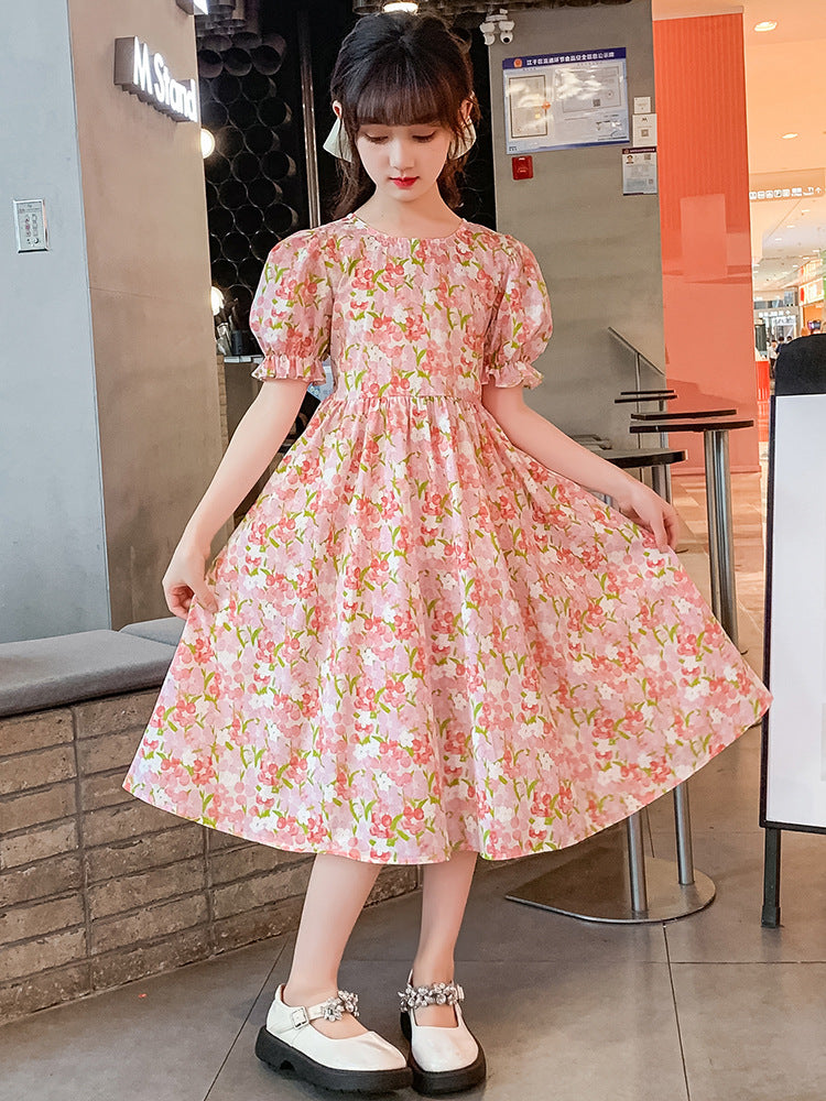 Cotton Skirt Floral Bubble Sleeve French Forest Oil Painting Style Children's Dress