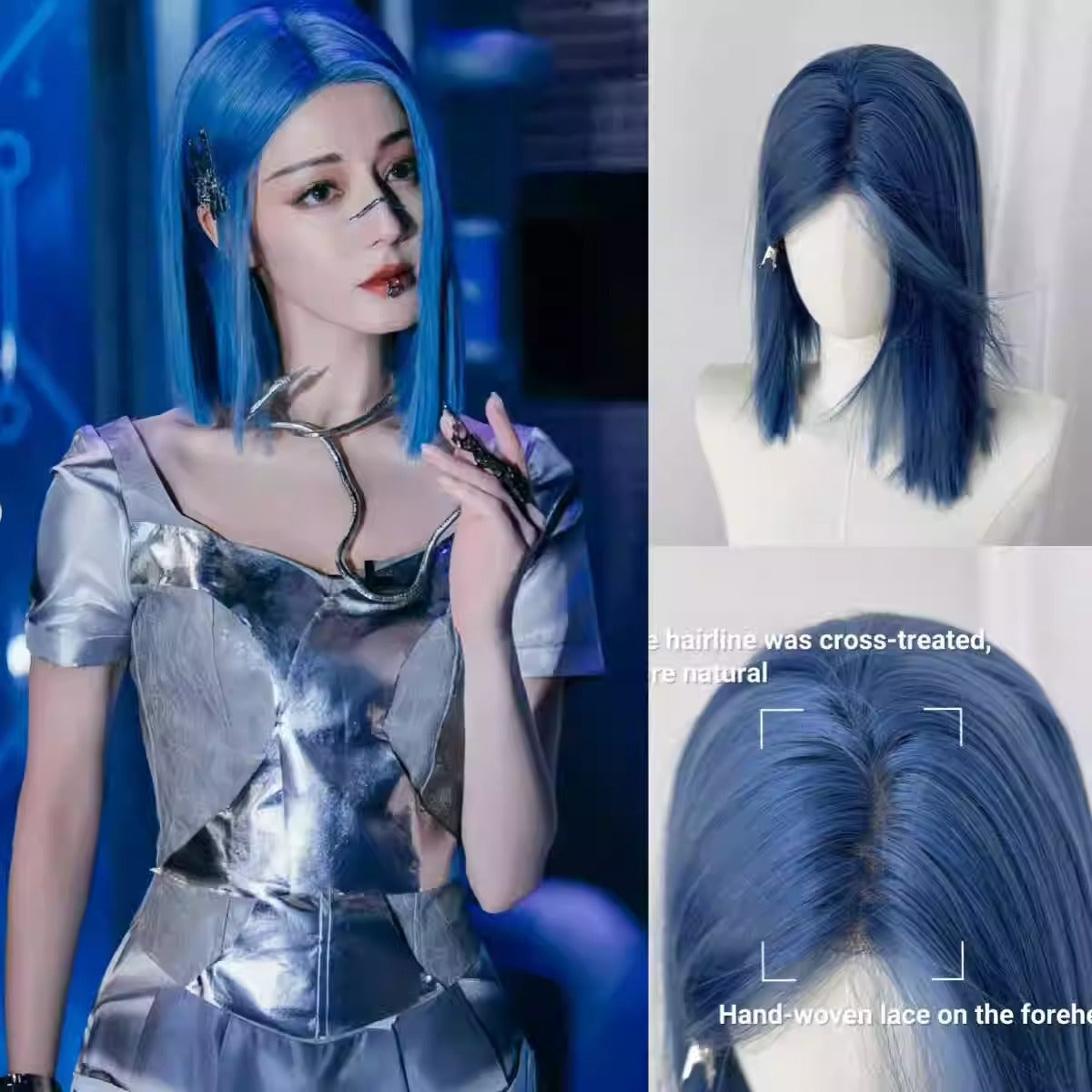 Blue Female Lace Mechanical Deep Ocean Natural Fashion Medium Hot Wig Short Straight Hair