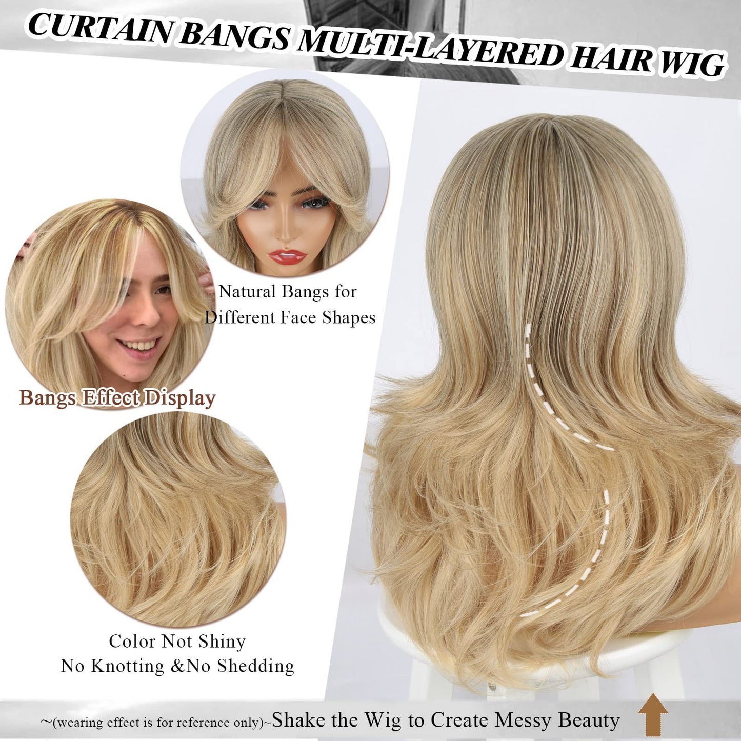 Female Curly Hair Bangs Golden Sheath Wig Long Curls