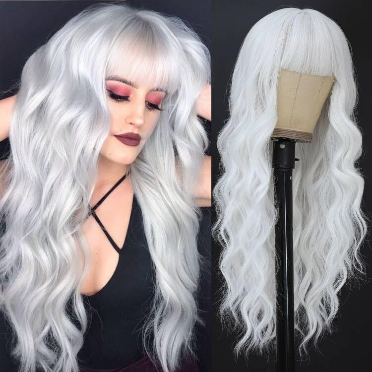 Gradient White Straight Bangs Big Wave Curly Hair Wig Long Curls