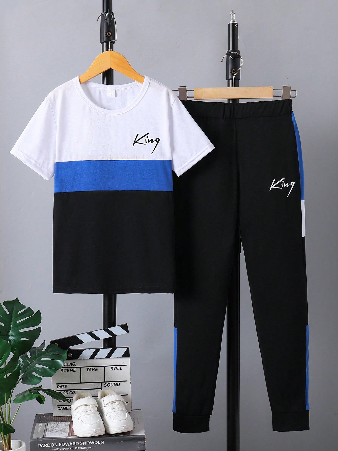 Men's Medium Big With Brown Letters Short Sleeve Lengthened Blouse Pants Children's Suit