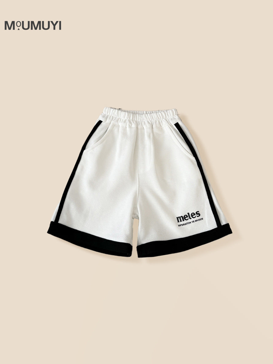 Style Trendy Stitching Contrast Color Short Sleeve Loose Shorts Two-piece Children's Suit