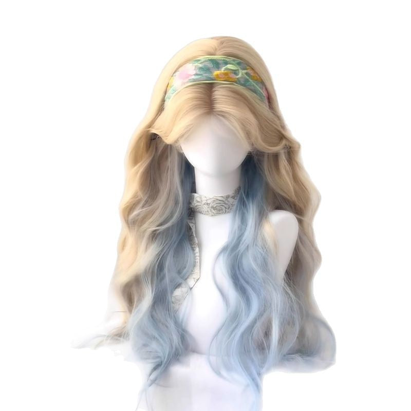 Female Platinum Color Gradient Blue Mid-length Bangs Curly Hair Natural Wig Long Curls