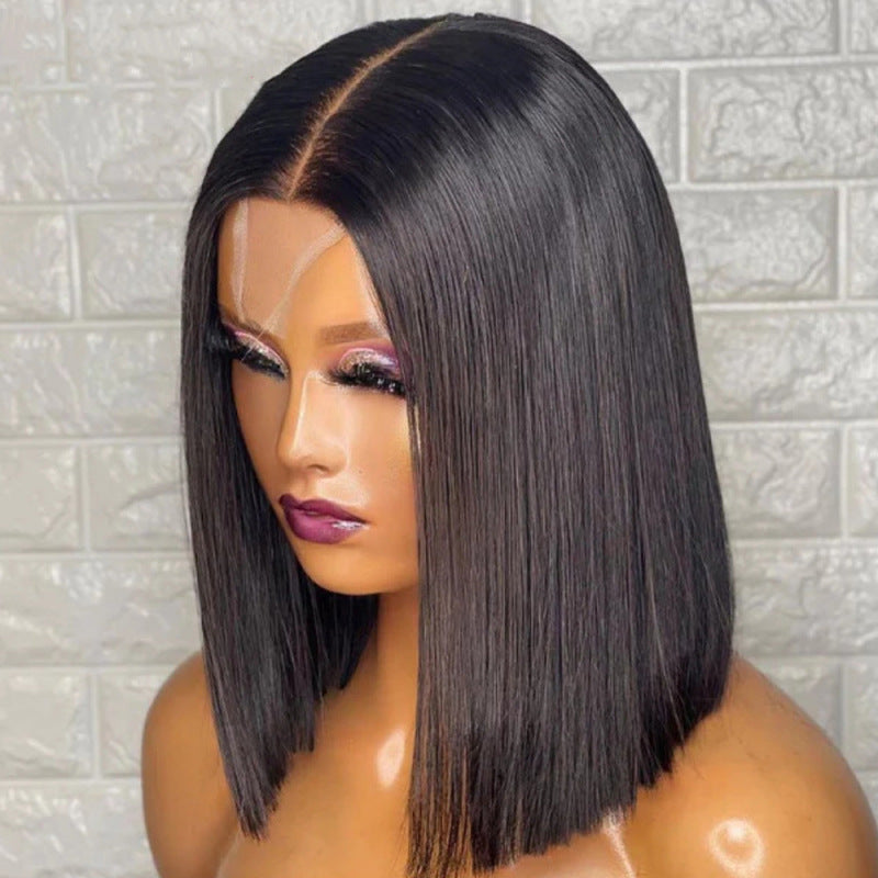 Attractive Human Closure Kim Bob Straight Real Hair Wig