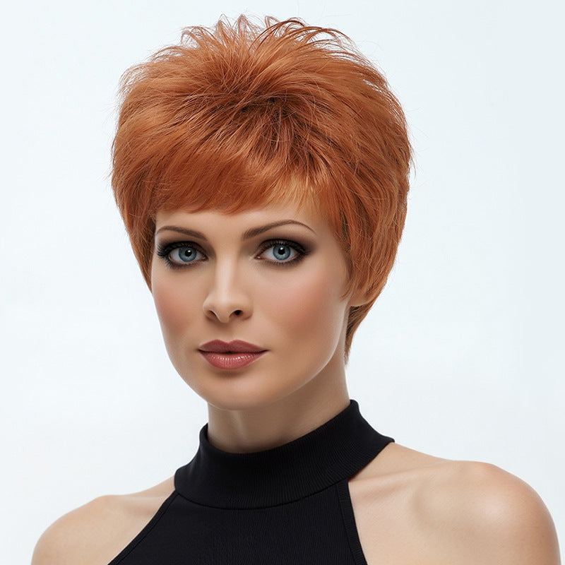 Men's Fashion Dark Orange Mixed Color Fluffy Head Cover Chemical Wig Short Straight Hair