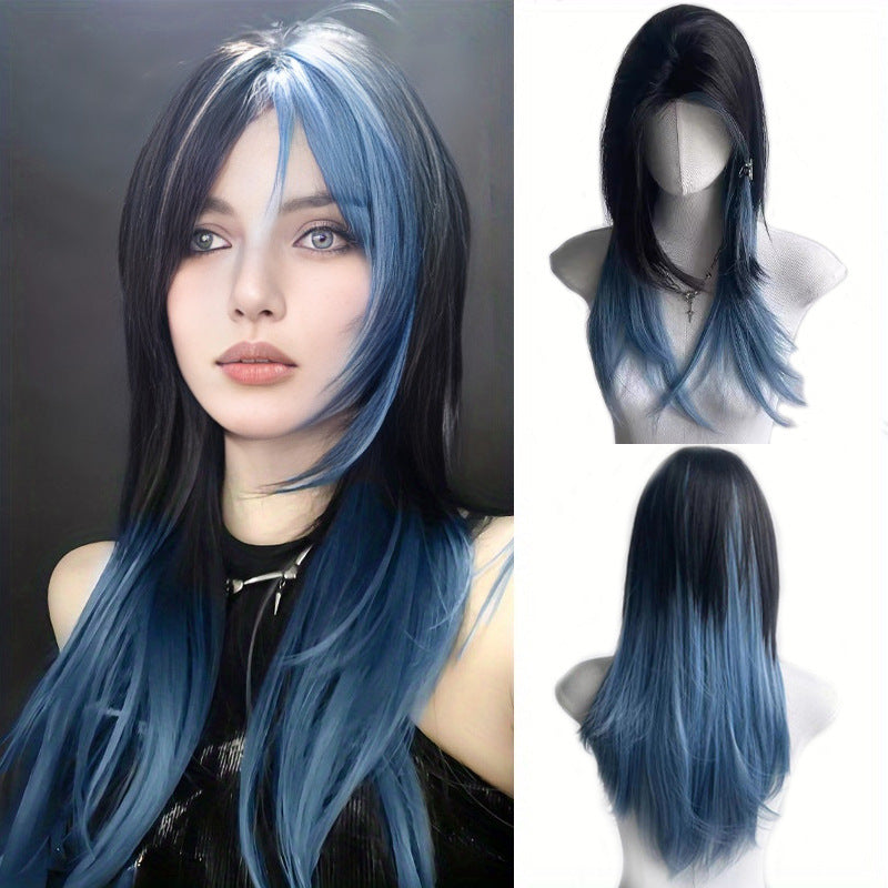 Gradient Anchovy Head Wolf Tail Fashion Mid-point Collarbone Length Haircut Long Straight Wig