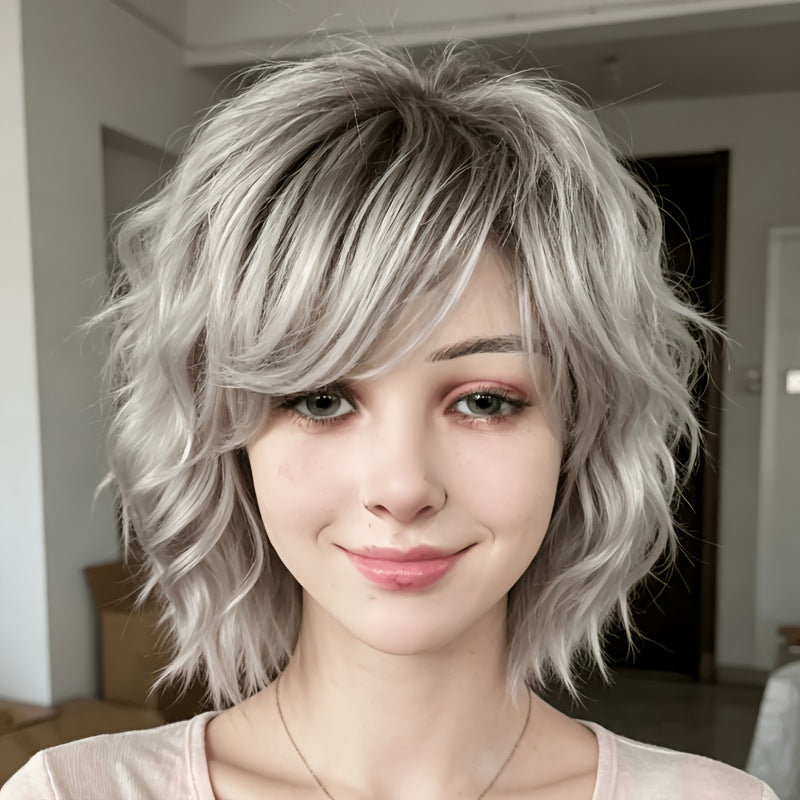 Female Rose Net Partial Gradient Platinum Fashion Wig Short Curly Hair